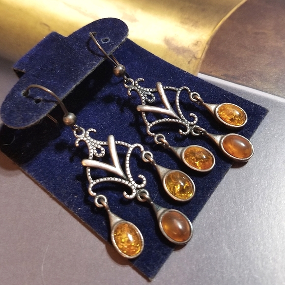 Edwardian Amber Sterling Chandelier Earrings - Picture 2 of 6